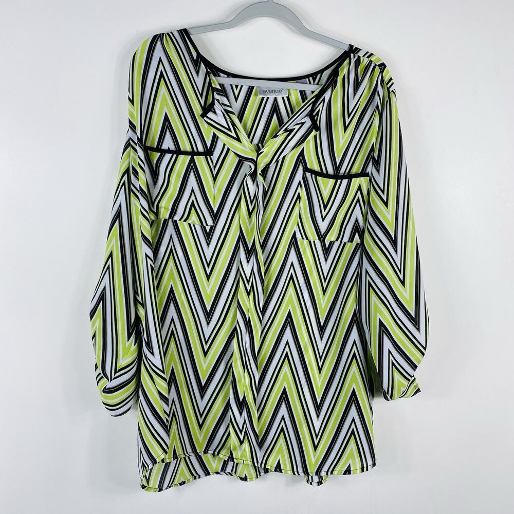 Avenue Lime Green Black White Chevron Print Blouse